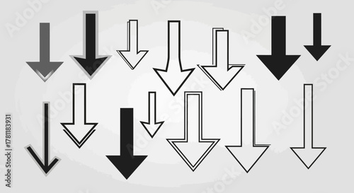 A diverse collection of downward-pointing arrow icons in various styles and sizes on a light grey background.