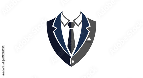 Stylized suit and tie logo design in a shield shape.