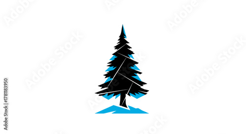 A stylized evergreen tree with sharp, angular branches in black and blue against a white background.
