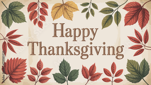 Happy thanksgiving greeting card with vintage autumn leaves border on textured background