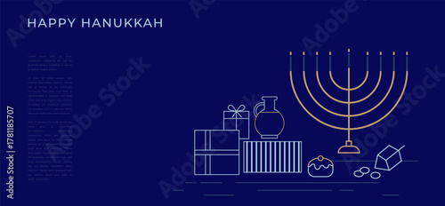 Happy Hanukkah banner, Jewish Festival of Lights traditional holiday background in line minimal style. Composition of simple traditional jewish line icons.