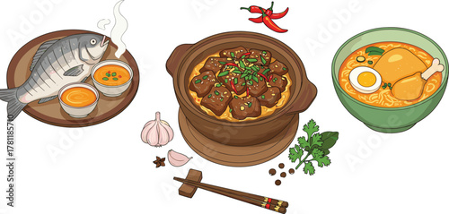 Delicious Asian food illustration, spicy noodle bowl, cooked fish plate, beef stew pot, herbs and spices, garlic, chili, coriander cooking artwork