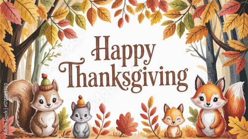 Cute cartoon animals celebrate happy thanksgiving surrounded by autumn leaves and trees in a forest setting