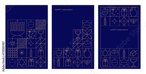 Happy Hanukkah postcard and banner. Modern geometric in bauhaus minimalist style. Composition of simple traditional jewish line icons. Cards with Menorah, Dreidel