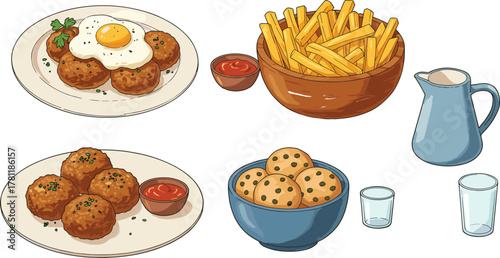 Delicious fried snacks with dipping sauce, French fries bowl, egg topped croquettes, cookie snacks, glass cups, food illustration artwork