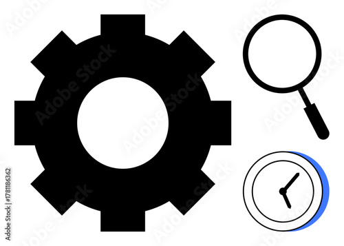 Gear, magnifying glass, and clock, symbolizing optimization and time tracking. Ideal for productivity, technology, business, research engineering management automation. Minimal flat metaphor