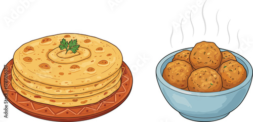 Delicious Indian flatbread platter with butter, steaming fried snacks in bowl, traditional cuisine, tasty meal, aromatic spices, fresh coriander garnish, appetizing aroma