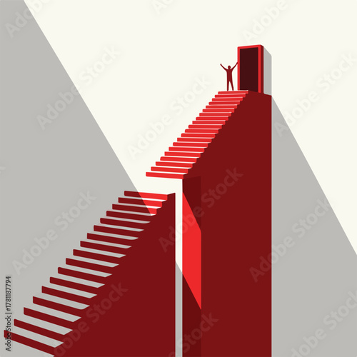 Man standing at the top of a red staircase