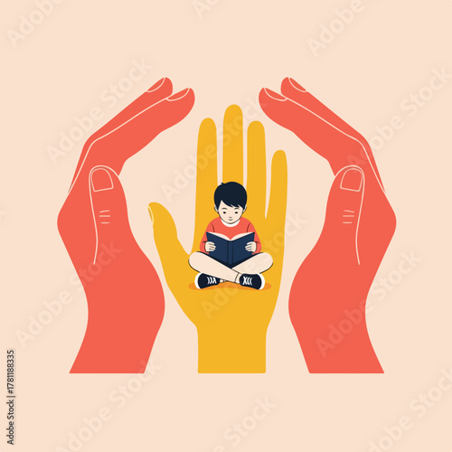 Child reading book held by caring hands