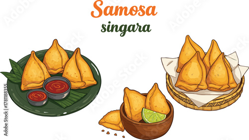 Traditional samosa and singara illustration, crispy fried triangle snacks, chutney sauce, lime garnish, basket serving, delicious Indian street food artwork