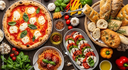 Wallpaper Mural Pizza, Pasta, Caprese, and Garlic Bread, Top View Torontodigital.ca