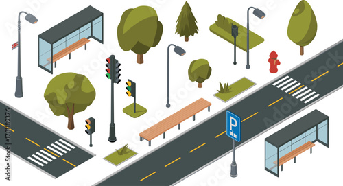 Isometric street elements, urban road design, traffic lights, bus stop, city trees, benches, parking sign, modern public infrastructure