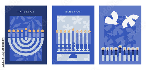 Happy Hanukkah postcard and banner. Modern bold style. Composition of simple traditional Jewish bold icons. Cards with Menorah, Dreidel leaves and flowers