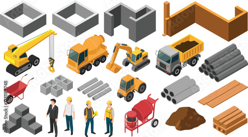 Construction site equipment and materials, heavy machinery, workers, concrete mixer, dump truck, excavator, building tools, architecture concept, industrial construction process, civil engineering
