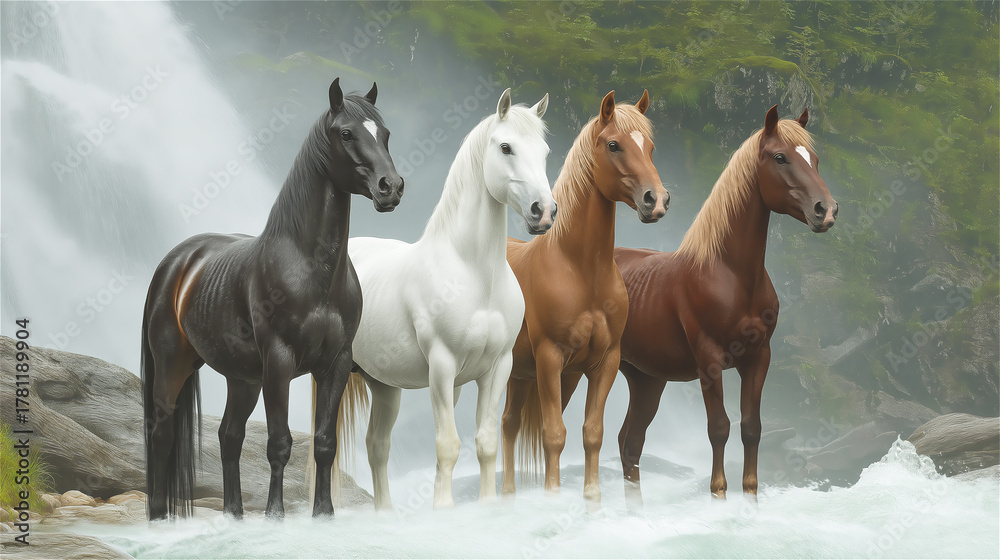 Obraz premium A striking group of horses in varied colors standing together, creating a powerful and harmonious composition that showcases the beauty of equine diversity.