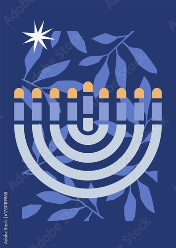 Happy Hanukkah postcard and banner. Modern geometric in bauhaus style. Composition of simple traditional jewish bold icons. Cards with Menorah, Dreidel leafs and flowers