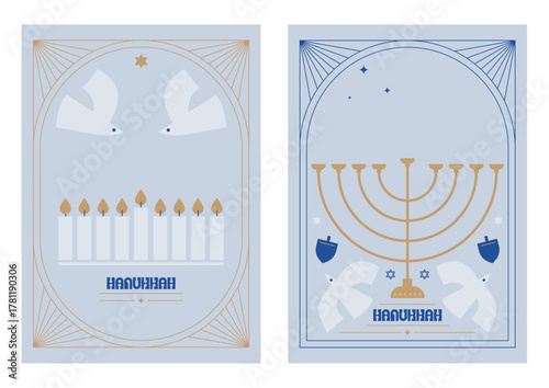 Happy Hanukkah postcard and banners. Composition of simple traditional jewish Menora s in minimalist style. Art Deco frames minimalist collection. Elegant luxury borders and frames.