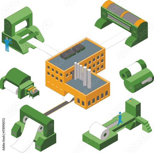 Modern paper manufacturing factory, industrial production line, printing machine process, pulp and paper industry, automated machinery, green energy industrial building, production workflow