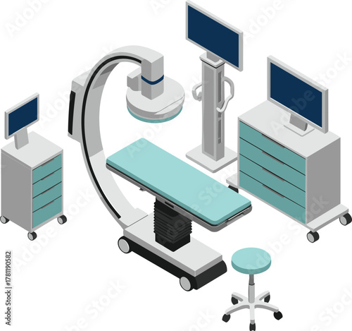 Modern hospital operating room, medical equipment setup, surgical table with monitors, healthcare technology interior, advanced diagnostic machine, clean and sterile environment