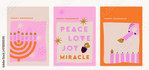 Happy Hanukkah banner, vertical cards, background, posters set. Modern design for traditional holiday. Menorah, dove, candles and dreidel illustrations
