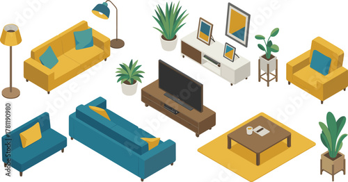 Modern living room interior, yellow and blue furniture, cozy home design, stylish decor, indoor plants, minimalist setup, elegant layout, bright space inspiration