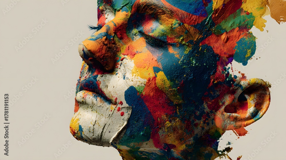 Fototapeta premium Profile of human face covered in vibrant, textured paint splashes against a neutral background