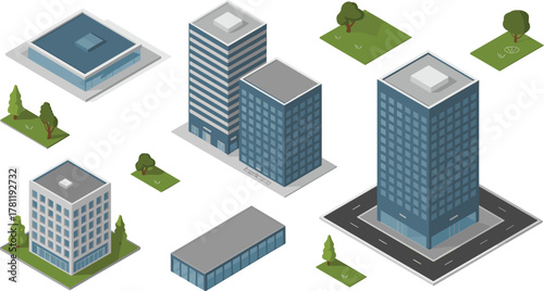 Isometric skyscrapers, modern office buildings, urban city towers, 3D architecture, business district, high-rise structures, contemporary cityscape, glass buildings, metropolitan design illustration