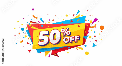 A vibrant 50% off promotion design with colorful confetti