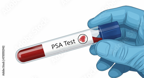 A PSA test blood sample held by a gloved hand