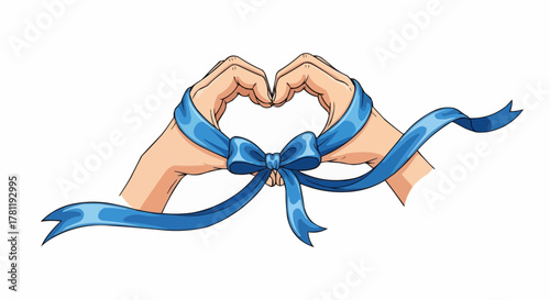 Hands forming a heart shape with a blue ribbon