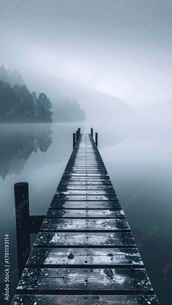 Fototapeta premium Serene Foggy Landscape with Pier Reflecting on Calm Water Surface