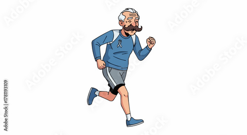 An elderly man with a large mustache jogging energetically. The image captures a sense of vitality and activity