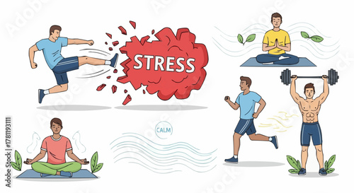 Stress management concept illustrations with varied activities, offering multiple ways to cope and reduce it