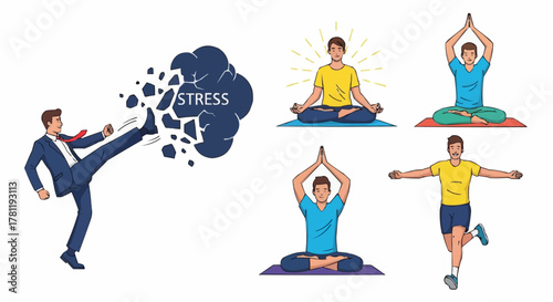Overcoming Stress with Exercise and Mindfulness: A Visual Guide. The image illustrates various methods to combat stress, including physical activity and meditation.