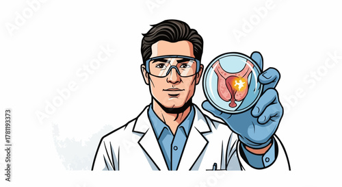 Scientist holding a petri dish with an illustration of organ. He is a doctor and is likely involved in medical research