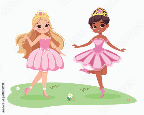 Two cute princesses of different nationalities in beautiful pink dresses standing together on a grassy field with flowers, on a white background. Vector illustration in flat drawn cartoon style