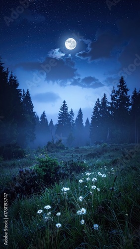 Serene Night Landscape with Moonlight Over Meadow and Forest