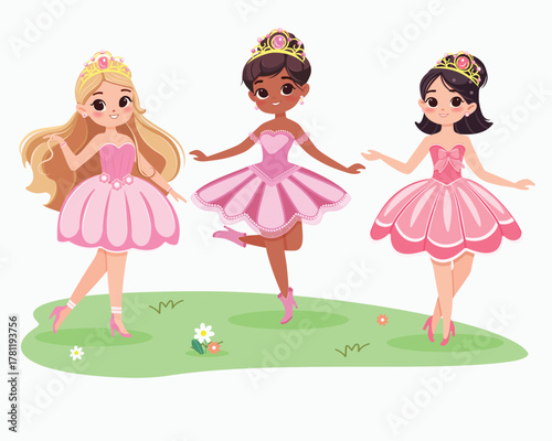 Three cute princesses of different nationalities in beautiful pink dresses standing together on a grassy field with flowers, on a white background. Vector illustration in flat drawn cartoon style