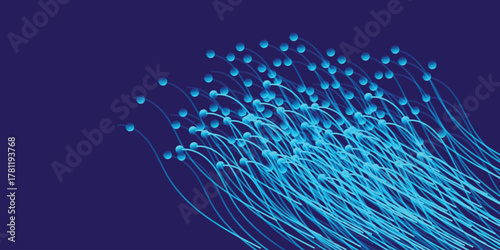 Abstract orange particles of optical fiber illustrationlines with dots over dark background. connecting or big data concept