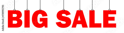 Red big sale banner hanging with strings perfect for advertising discounts and promotions in retail stores and online shops to attract customers