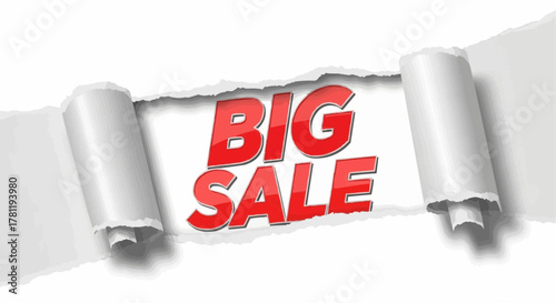 Big Sale text revealed behind ripped paper, advertising a sale