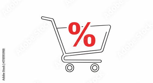 Shopping cart icon with a percentage sign, indicating a sale or discount. A visual representation of savings in shopping.