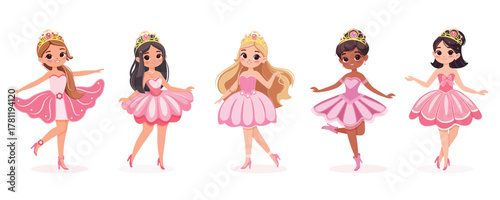 Set of different nationalities cute princess with beautiful eyes and golden crown. Isolate on white background, Vector illustration in flat drawn cartoon style