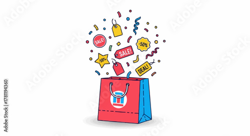 A shopping bag bursting with tags and confetti, conveying a sense of excitement and deals