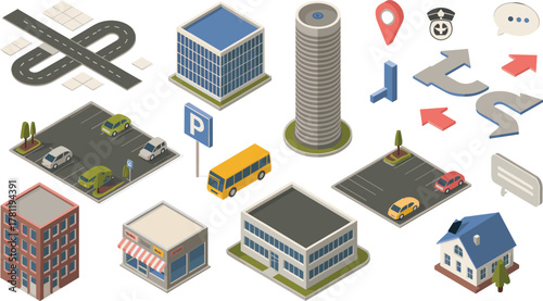 Isometric city elements, urban buildings, parking lots, roads, transport icons, navigation signs, modern architecture, 3D vector design, smart city illustration