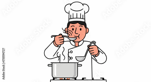 A professional chef in a white uniform sampling a dish from a pot