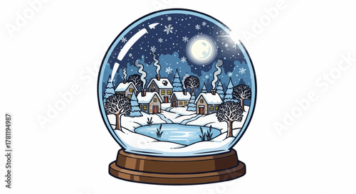 A miniature winter village scene inside a snow globe, showcasing a cozy atmosphere with snow, houses, and the moon