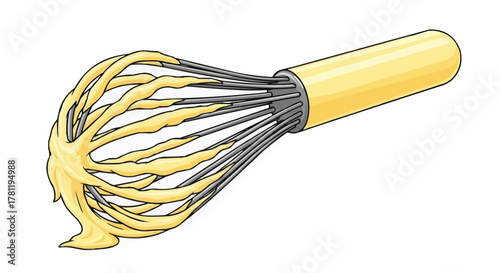 A close-up view of a whisk with creamy batter