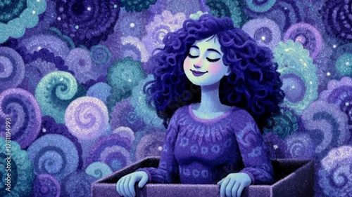 Peaceful Woman Meditating with Cosmic and Dreamy Abstract Background