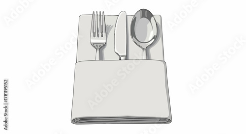 Table setting, a trio of silverware (spoon, knife, fork) arranged on a folded napkin for dining